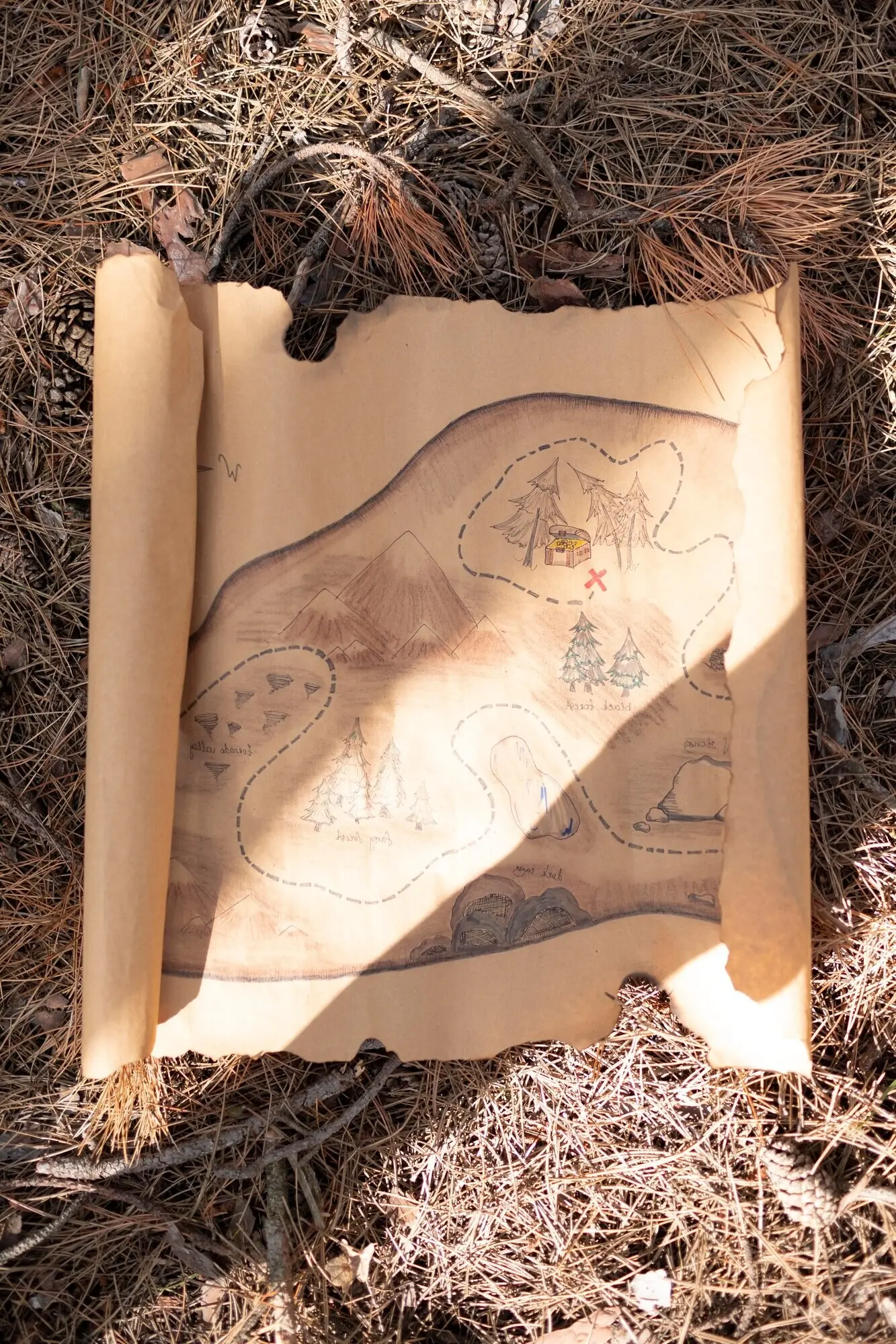 In Draufsicht gezeichnete Karte für eine Schatzsuche